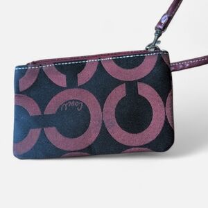 Coach Corner Zip Wristlet C7307 Black Burgundy Signature Canvas Wallet Pouch